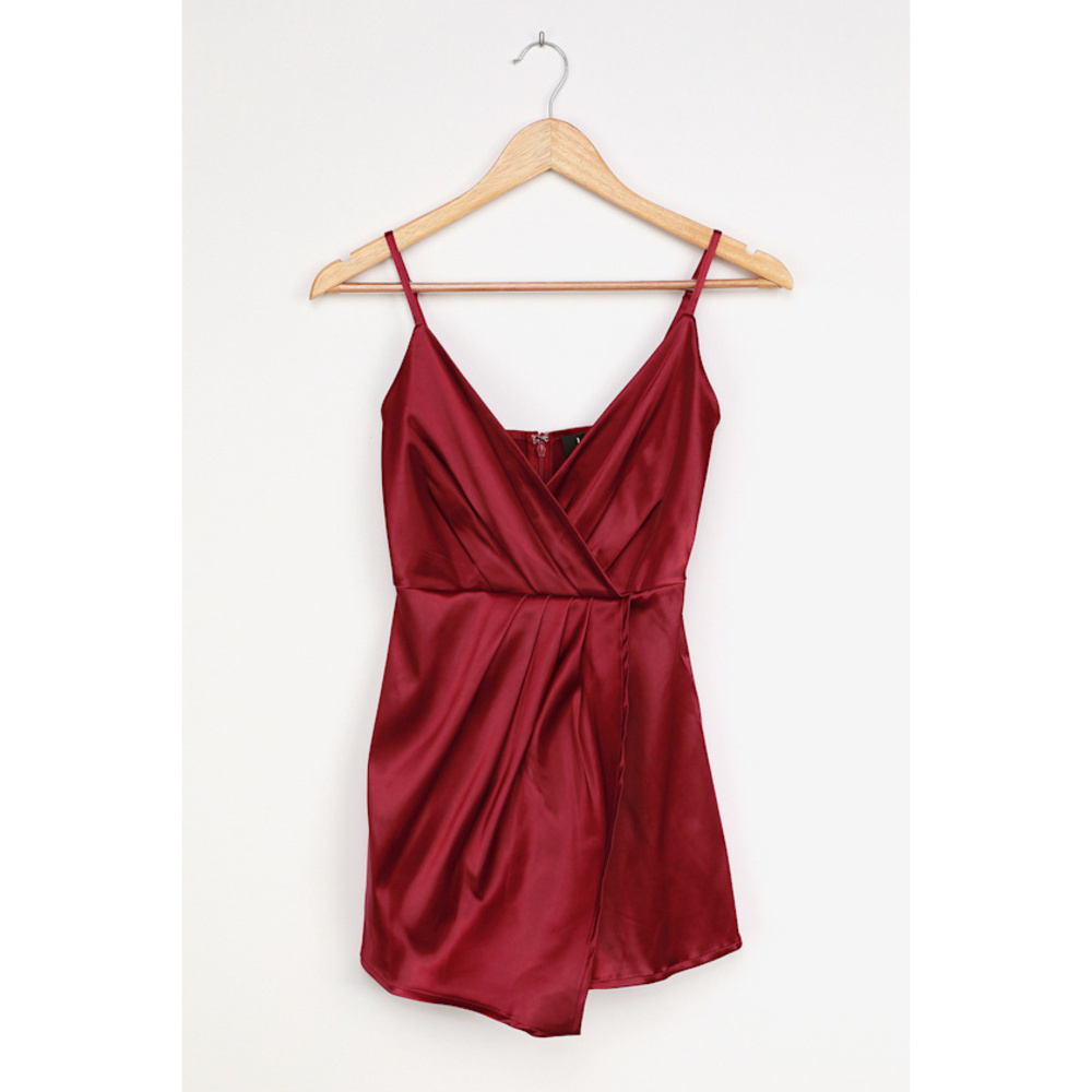 Lulus Party Mood Wine Red Satin Pleated Romper - Size S